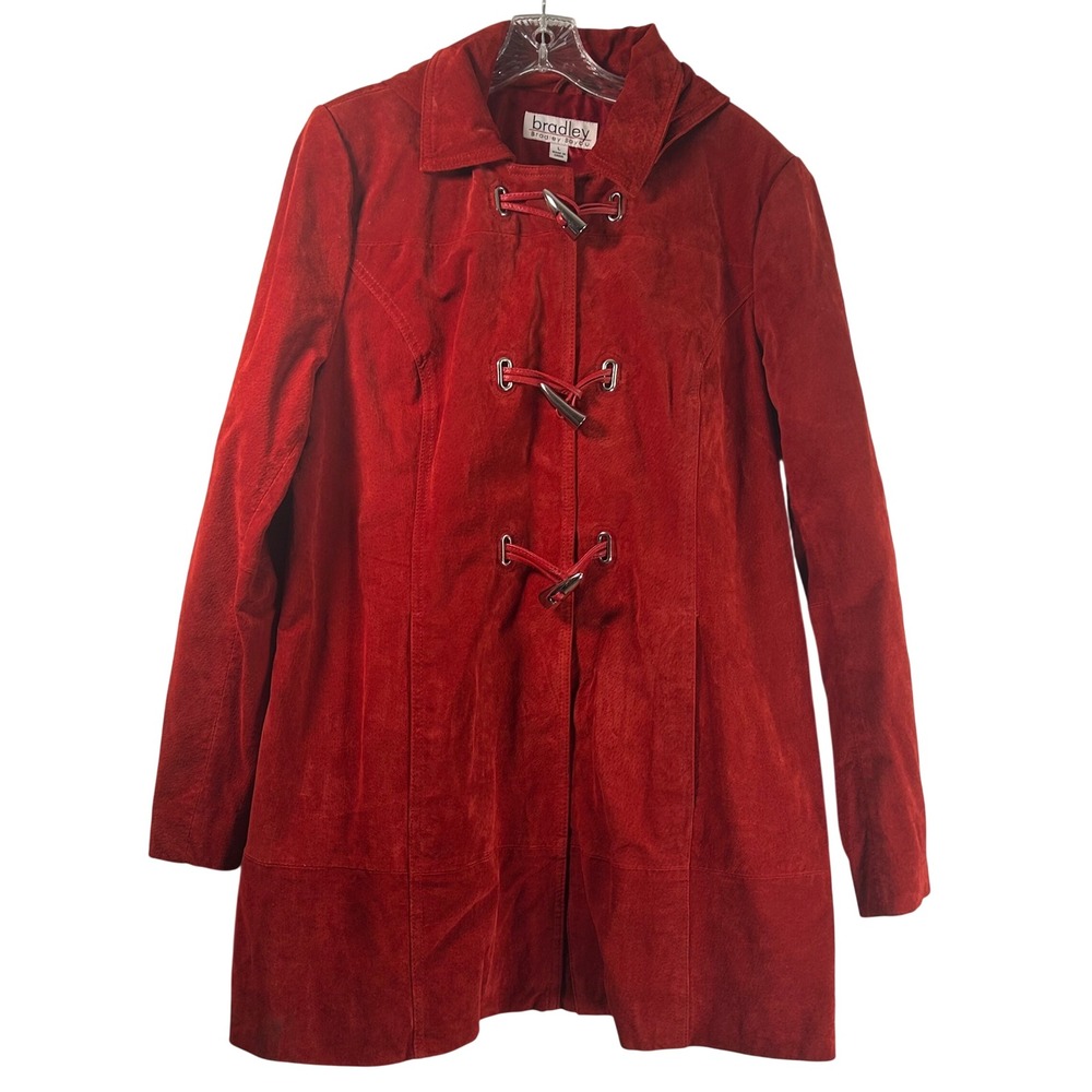 Bradley Bayou Red Suede Leather Toggle Hooded Coat Jacket Large L Silver Toggles